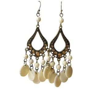 Boho Vintage Dangle Earrings with Cream Discs and Antique Gold Accents